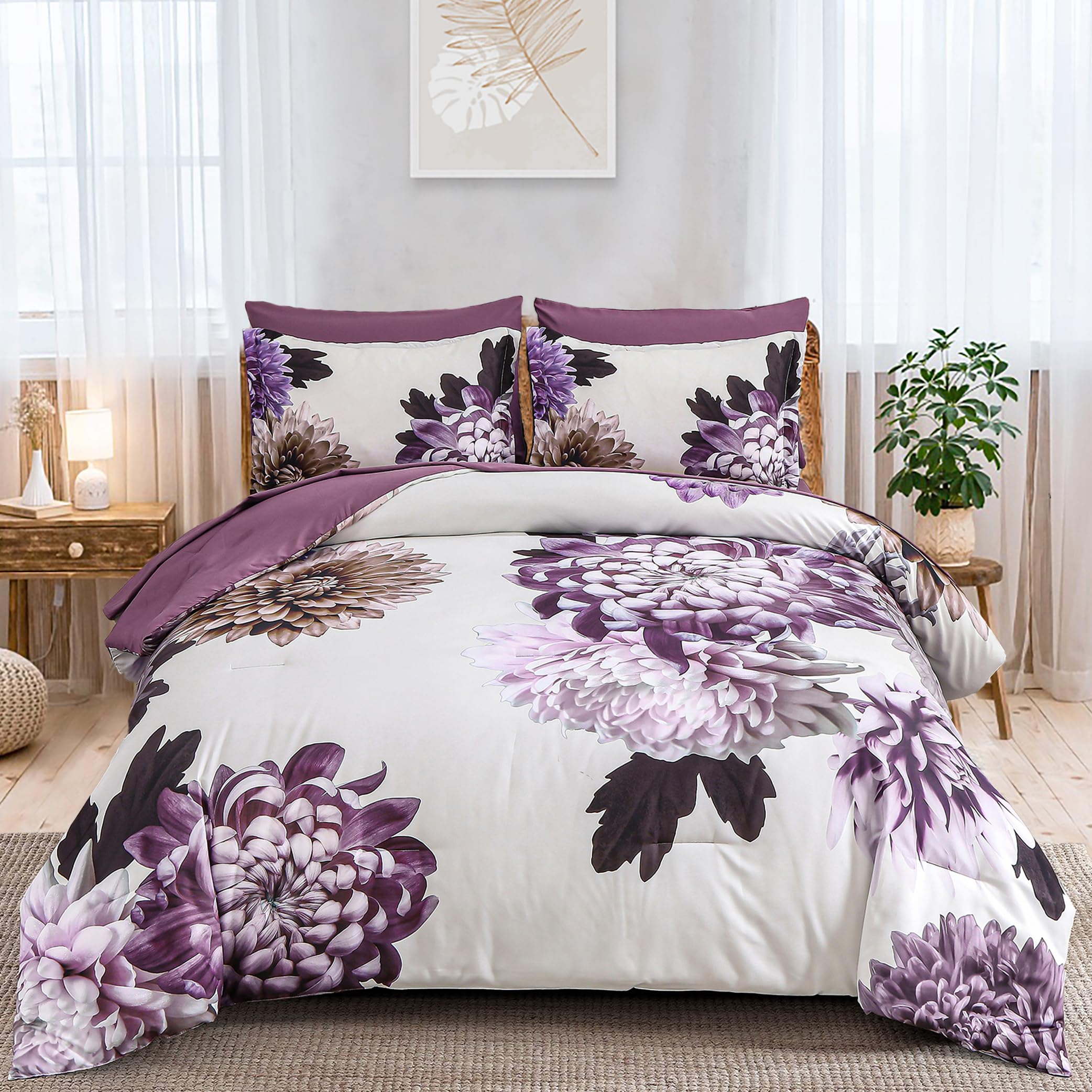 Djy Purple Comforter Set Queen, 7 Piece Floral Comforter Set With Sheets Elegant Flower Print Bed In A Bag Soft Microfiber Compl